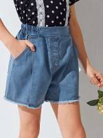 Plain Medium Wash Raw Hem Girls Denim Shorts 4482