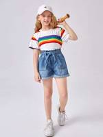 Plain  Belted Girls Denim Shorts 5230