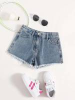  Embroidery Medium Wash Girls Denim Shorts 2109