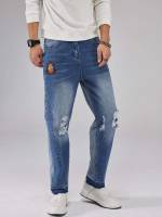 Patched Medium Wash Regular Fit Long Men Jeans 653