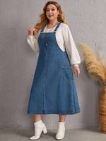 Long Pocket Preppy Plus Size Denim Dresses 2426