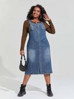 Midi Preppy Plain Plus Size Denim Dresses 2657