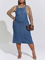 Straps Plain Sleeveless Midi Plus Size Denim Dresses 9227