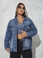 Medium Wash Plain Regular Plus Size Denim Jackets 3484