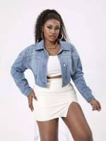 Crop Belted Plain Regular Fit Plus Size Denim Jackets 6285