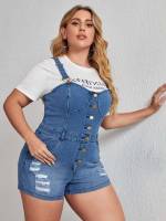  Regular Fit Pocket Plain Plus Size Denim Overalls 3468