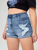 Regular Fit Medium Wash Plus Size Denim Shorts 5316