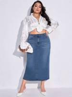 Medium Wash Button Plain Plus Size Denim Skirts 9185