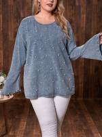 Regular Fit Medium Wash Casual Pearls Plus Size Denim Tops 9711