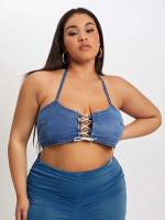 Medium Wash Plain Regular Fit Halter Women Plus Clothing 4317