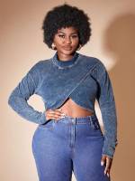 Funnel Neck Plain Wrap Crop Plus Size Denim Tops 6083