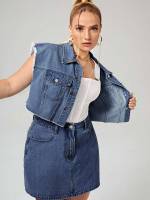  Plain Collar Sleeveless Plus Size Denim 9766