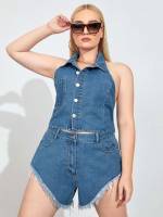 Sleeveless Regular Fit Halter Plain Plus Size Denim Two-piece Outfits 823