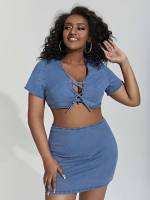 Short Sleeve Deep V Neck Lace Up Plus Size Denim Two-piece Outfits 240