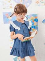 Ruffle Short Colorblock Peter Pan Collar Toddler Girl Denim Dresses 8051