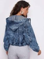  Plain Drawstring Hooded Women Denim Jackets  Coats 670