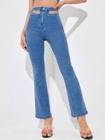 Plain Long Medium Wash Women Jeans 157