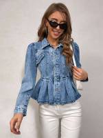 Medium Wash Casual Long Sleeve Plain Women Denim 1164