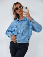 Plain Medium Wash Crop Casual Women Denim Jackets  Coats 8086