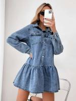 Collar Plain Ruffle Hem Long Sleeve Women Denim 7405