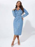 Medium Wash Plain Pocket Long Sleeve Women Denim Dresses 5675