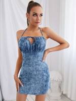 Backless Halter Tie Dye Medium Wash Women Denim Dresses 98