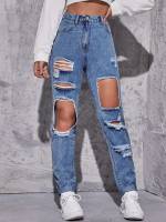  Medium Wash Plain Ripped Women Jeans 143