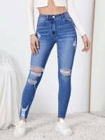 Medium Wash Plain Ripped Women Denim 8208