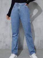Long Medium Wash Ripped Women Jeans 106