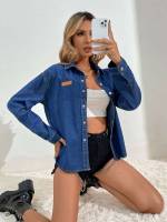  Medium Wash Long Sleeve Colorblock Women Denim Jackets  Coats 5232