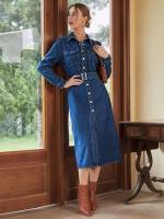 Long Sleeve Midi Collar Women Denim 3507