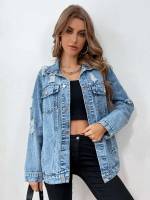 Ripped Medium Wash Regular Collar Women Clothing 449