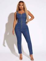 Zipper Straps Sexy Women Denim Overalls  Jumpsuits 6423