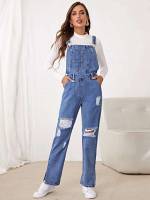 Plain Split Medium Wash Regular Fit Women Denim Overalls  Jumpsuits 9435