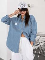 Button Long Sleeve Casual Long Women Denim Tops 5812