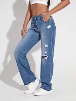 Ripped Medium Wash Long Women Jeans 884