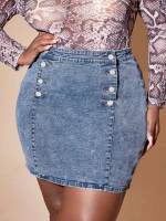 Medium Wash Plain Mini Plus Size Denim Skirts 4075