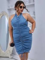  Short Halter Plain Plus Size Denim Dresses 3898