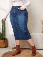  Button Medium Wash Plus Size Denim Skirts 6109