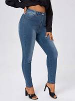 Medium Wash Long Button Plus Size Jeans 5426