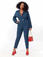  Regular Fit Collar Medium Wash Plus Size Denim Overalls 8825