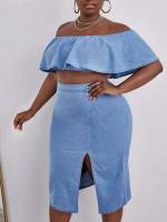 Off the Shoulder Medium Wash Casual Plus Size Denim 692