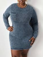 Plain Short Round Neck Medium Wash Plus Size Denim Dresses 3975