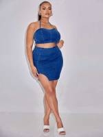 Plain Regular Fit Sleeveless Medium Wash Plus Size Denim Two-piece Outfits 3223