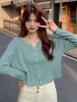 Long Sleeve Notched Regular Fit Button Front Women Knitwear 9062