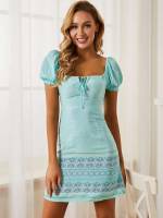 Short Sleeve Frill Square Neck Mint Blue Women Dresses 3712