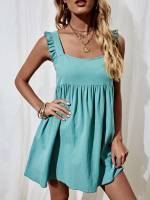 Plain Ruffle Mini Mint Blue Women Dresses 437