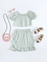 Round Neck Gingham Ruffle Girls Two-piece Outfits 171