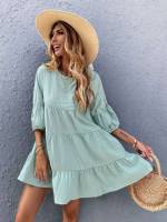 Round Neck Mint Green Plain Three Quarter Length Sleeve Women Clothing 8374