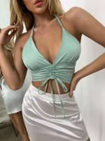  Mint Green Plain Backless Women Tank Tops  Camis 707